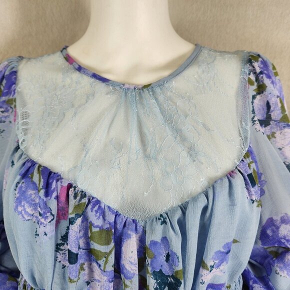 Free People Women's Size M Daphne Blouse Silver Blue Combo Smocked  Cropped 37 - Picture 3 of 13